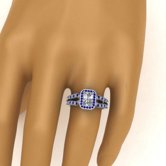 925 Silver Emerald Cut White Sapphire Wedding Ring - Picture 4 of 4